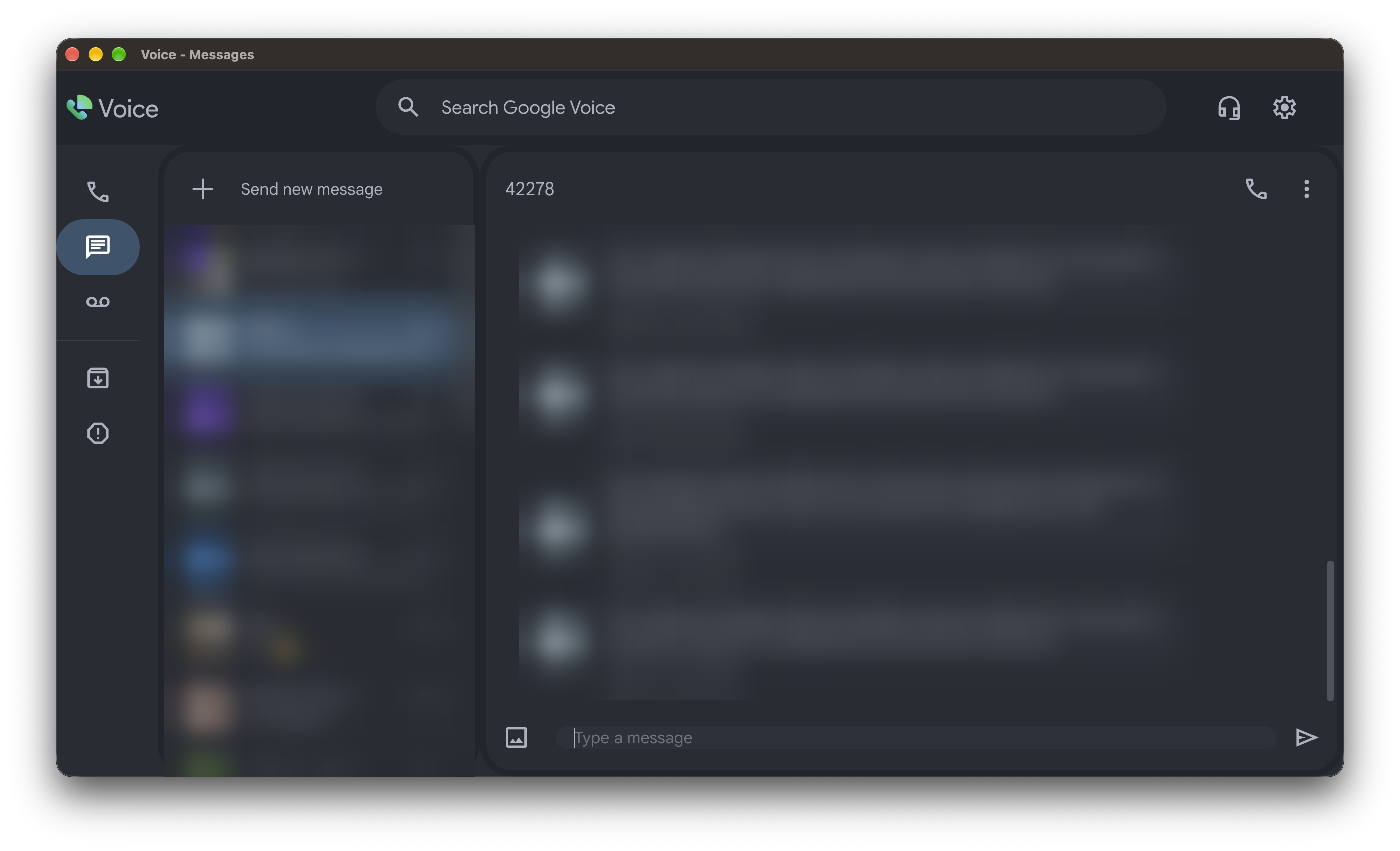The GVoicePlus main window in the dark theme. Messages and contacts are blurred for privacy.