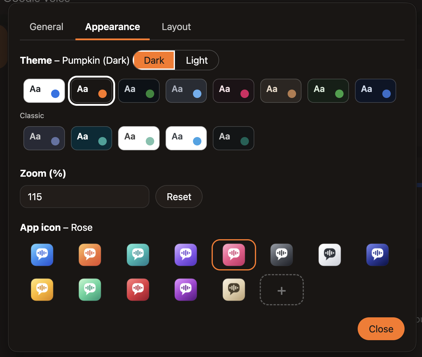 Settings, Appearance tab, showing theme swatches, a zoom box and a grid of app icon colors