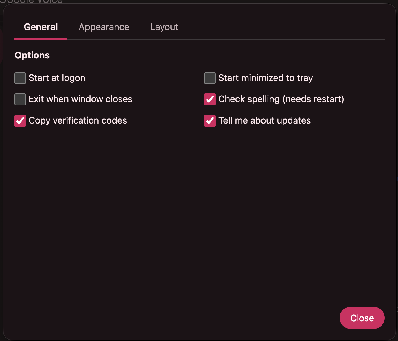 Settings, General tab, showing checkboxes for startup, spelling, verification codes and updates