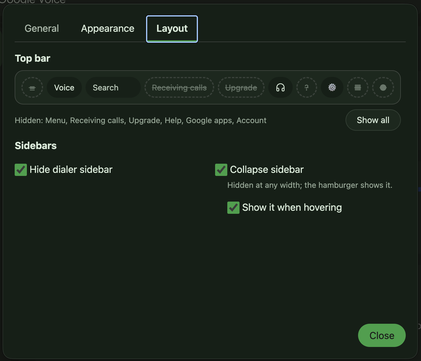 Settings, Layout tab, showing a picture of the top bar with some items hidden and sidebar checkboxes